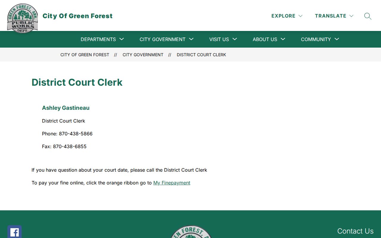 Carroll County court dates and Green Forest District Court clerk