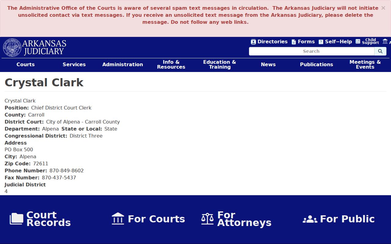 Alpena court docket chief clerk profile from the Arkansas Judiciary