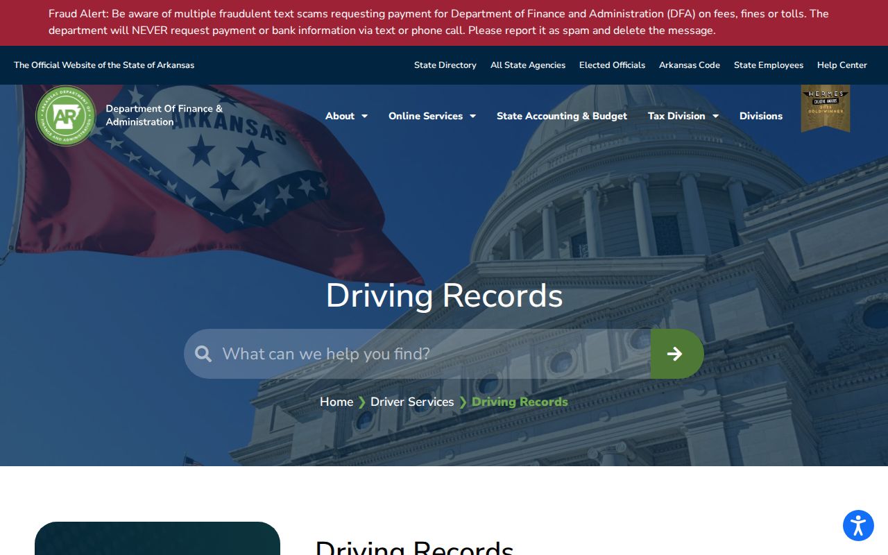 Carroll County traffic court records contrasted with the Arkansas DFA driving-record page